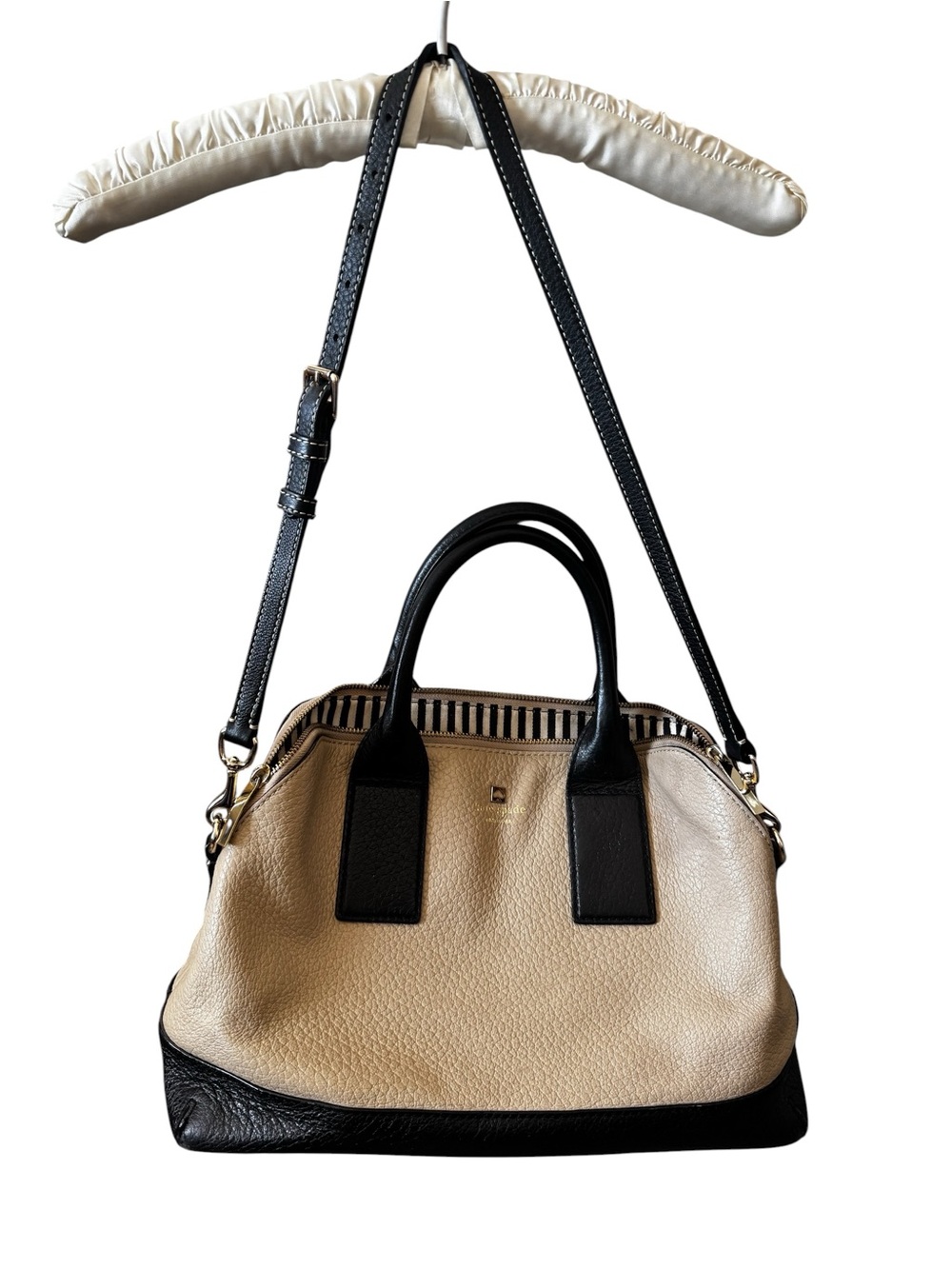 kate spade bag, wide bottom, black / light tan two-tone, handles + strap, GUC